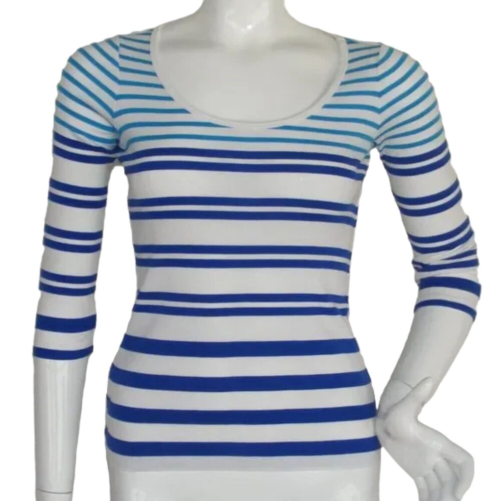 TOMMY BAHAMA Top/Tee, XXS, Striped, 3/4 sleeves, Tonal Blue/White, Cotton